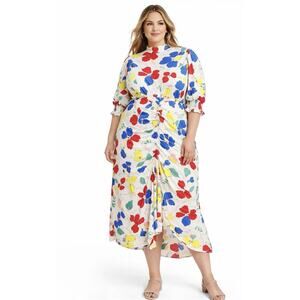 RIXO Target Floral Midi Dress 20W 22W White Multicolor Ruched Front Cottagecore